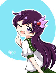 Rule 34 | 1girl, absurdres, circle, from behind, green sailor collar, green skirt, hair ornament, highres, index finger raised, kantai collection, kinoshita tsubomi, kisaragi (kancolle), looking back, one-hour drawing challenge, one eye closed, open mouth, pleated skirt, purple eyes, purple hair, sailor collar, school uniform, serafuku, shirt, skirt, smile, solo, two-tone background, white shirt