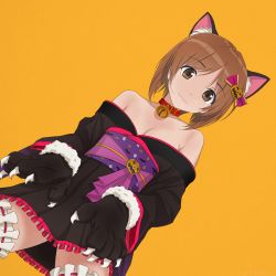 Rule 34 | 10s, 1girl, alternate costume, animal ears, animal hands, bad id, bad twitter id, bare shoulders, bell, breasts, brown eyes, brown hair, cat ears, chimaki (u9works), cleavage, collar, dutch angle, from below, girls und panzer, gloves, jack-o&#039;-lantern, japanese clothes, kimono, kimono pull, long hair, medium breasts, neck bell, nishizumi miho, obi, off shoulder, orange background, paw gloves, sash, short hair, smile, solo, wide sleeves