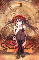 Rule 34 | 1girl, bare shoulders, black footwear, boots, breasts, clock eyes, clockwork, cross-laced footwear, date a live, dress, frilled hairband, frills, hairband, heterochromia, highres, lace-up boots, lolita fashion, lolita hairband, looking at viewer, medium breasts, red dress, red hairband, solo, spleeny, symbol-shaped pupils, thighhighs, tokisaki kurumi, two-tone dress
