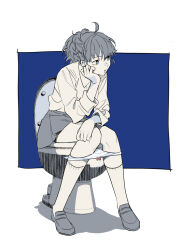 Rule 34 | 1girl, ahoge, closed mouth, collared shirt, full body, head on hand, highres, ine (goin), kneehighs, loafers, long sleeves, medium hair, monochrome, panties, panty pull, persona, persona 3, persona 3 portable, shiomi kotone, shirt, shoes, simple background, sitting, skirt, socks, solo, toilet, toilet use, underwear, white panties, white shirt