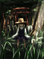 Rule 34 | 1girl, bad id, bad pixiv id, blonde hair, blouse, commentary request, dress, expressionless, forest, grass, hat, highres, light rays, long hair, long sleeves, looking at viewer, moriya suwako, nature, oversized clothes, shinto, shirt, sitting, solo, sunbeam, sunlight, thkani, torii, touhou, tree, tree shade, wide sleeves, yellow eyes