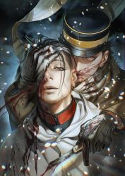 Rule 34 | 2boys, black eyes, black hair, blood, blood on face, blood splatter, blue jacket, brown gloves, buttons, cloak, collared jacket, facial hair, facial scar, gloves, glowing, glowing eyes, golden kamuy, hair slicked back, hair strand, hand on another&#039;s head, hat, head tilt, heads together, highres, hood, hooded cloak, imperial japanese army, jacket, kepi, male focus, military, military hat, military uniform, multiple boys, ogata hyakunosuke, parted lips, pointing, pointing down, scar, scar on cheek, scar on face, scar on nose, short hair, simple background, snowing, spiked hair, spoilers, stubble, sugimoto saichi, undercut, uniform, upper body, w55674570w