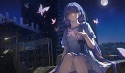 Rule 34 | 1girl, absurdres, black bow, blue dress, bow, bug, butterfly, chinese commentary, city, cityscape, commentary request, debris, dress, feet out of frame, full moon, hand up, highres, insect, lamppost, moon, night, open mouth, orange eyes, quad tails, road sign, ruins, short sleeves, sign, sitting, solo, truss, vocaloid, xingchen, zhongmu