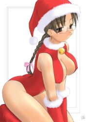 Rule 34 | 1girl, bell, braid, breasts, brown eyes, brown hair, christmas, cleavage cutout, clothing cutout, collar, covered erect nipples, glasses, gloves, hat, hoshina tomoko, large breasts, neck bell, red gloves, ribbon, santa costume, santa hat, solo, to heart, to heart (series), tsuina