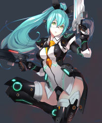 Rule 34 | 1girl, aqua hair, between breasts, black gloves, boots, breasts, dual wielding, eyebrows, glasses, gloves, glowing, green eyes, gun, highres, holding, holding gun, holding weapon, ionia series, kagetomo midori, leotard, long hair, mecha musume, original, parted lips, phantasy star, phantasy star online 2, ponytail, rimless eyewear, simple background, solo, standing, standing on one leg, thigh boots, thighhighs, trigger discipline, very long hair, weapon