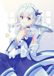 Rule 34 | 1girl, apron, azur lane, back, belfast (azur lane), blue choker, blue dress, blue eyes, bow, braid, choker, closed mouth, commentary, cowboy shot, cup, detached sleeves, dress, eyelashes, french braid, from behind, gloves, grey background, hair between eyes, hair ribbon, highres, hitsujike (hamsterhouse), holding, holding tray, large bow, light particles, little bel (azur lane), looking at viewer, looking back, maid headdress, manjuu (azur lane), medium hair, ribbon, silver hair, simple background, smile, solo, teacup, tray, white gloves