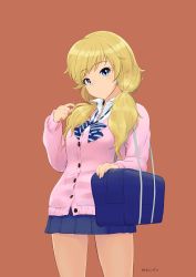 Rule 34 | 1girl, absurdres, artist name, blonde hair, blue bag, blue bow, blue eyes, blue skirt, blush, bow, breasts, commentary request, highres, holding, idolmaster, idolmaster cinderella girls, jacket, large breasts, long hair, long sleeves, looking at viewer, macototionized, ohtsuki yui, orange background, pink jacket, shirt, simple background, skirt, solo, twintails, wavy hair, white shirt
