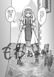 Rule 34 | 1girl, absurdres, alley, blush, cat, clothes lift, dodomesu, dress, dress lift, female focus, full body, greyscale, habit, hands up, highres, japanese text, jewelry, legs apart, lifted by self, long sleeves, monochrome, mouse (animal), necklace, open mouth, original, outdoors, outline, puddle, shoes, short hair, solo, speech bubble, standing, steam, sweat, talking, tears, teeth, text focus, translation request, white outline, window