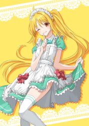 Rule 34 | 1girl, ahoge, apron, blonde hair, bocchi the rock!, bow, bow skirt, breasts, center frills, collar, collarbone, floating hair, frills, green skirt, hair between eyes, highres, holding, holding clothes, ijichi nijika, kanaria hisagi, long hair, looking at viewer, maid headdress, one eye closed, open mouth, orange eyes, red bow, side ponytail, sidelocks, simple background, skirt, small breasts, smile, solo, thighhighs, very long hair, white apron, white collar, white thighhighs, yellow background