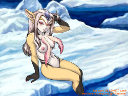 Rule 34 | 1girl, animal ears, ao no roku-gou, body fur, breasts, claws, day, dr comet, english text, eyelashes, fingernails, furry, furry female, grey hair, half-closed eyes, hand in own hair, highres, ice, large breasts, long hair, monster girl, mutio, nail polish, nipples, nude, open mouth, outdoors, pointy ears, pussy, red eyes, sharp fingernails, snow, solo, uncensored, water, watermark, web address, white hair, zenra