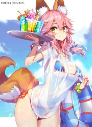Rule 34 | 10s, 1girl, animal ear fluff, animal ears, bendy straw, bikini, bikini under clothes, blue bikini, blue ribbon, blue sky, blush, bracelet, breasts, brown eyes, closed mouth, cloud, cowboy shot, cup, day, drink, drinking glass, drinking straw, fate/extra, fate/grand order, fate (series), food, fox ears, fox girl, fox tail, gluteal fold, hair between eyes, hair over shoulder, hair ribbon, hat, holding, holding tray, hong (white spider), ice cream, innertube, jewelry, large breasts, leaning forward, long hair, medium breasts, nail polish, navel, outdoors, pink hair, ribbon, see-through, shirt, short sleeves, side-tie bikini bottom, sidelocks, sky, smile, solo, string bikini, sun hat, swim ring, swimsuit, t-shirt, tail, tamamo (fate), tamamo no mae (fate/extra), tamamo no mae (swimsuit lancer) (fate), tamamo no mae (swimsuit lancer) (second ascension) (fate), tray, wet, wet clothes, wet shirt, yellow eyes