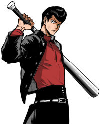 Rule 34 | &gt;:(, 1boy, bad id, bad pixiv id, baseball bat, belt, black hair, black pants, blazer, closed mouth, frown, gakuran, holding, holding weapon, jacket, kinzoku bat, long sleeves, looking at viewer, male focus, one-punch man, over shoulder, pants, pompadour, school uniform, simple background, solo, turtleneck, upper body, v-shaped eyebrows, weapon, weapon over shoulder, white background, you (wsynkk)