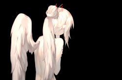 Rule 34 | 1girl, absurdres, angel wings, back, black background, blonde hair, commentary, english commentary, facing away, feathered wings, from behind, hair bun, hair ornament, hairpin, highres, nape, nude, original, self hug, simple background, single hair bun, solo, tsu (lovesick1964), two (tsu (lovesick1964)), upper body, white wings, wings