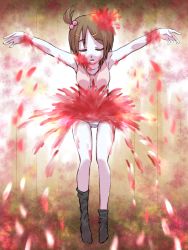 Rule 34 | 1girl, against wall, armpits, arms up, black socks, blood, brown hair, closed eyes, collarbone, colored skin, corpse party, death, hair bobbles, hair ornament, hairclip, hairpin, outstretched arms, panties, short hair, socks, solo, spread arms, striped clothes, striped panties, suzumoto mayu, torn clothes, underwear, white skin