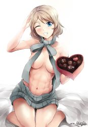 Rule 34 | 10s, 1girl, abs, artist name, bed sheet, blue eyes, blush, box, box of chocolates, breasts, chocolate, convenient censoring, dress, grey hair, grin, heart, heart-shaped box, highres, hiroki ree, holding, looking at viewer, love live!, love live! sunshine!!, medium breasts, meme attire, midriff, navel, no bra, one eye closed, salute, short hair, sitting, smile, solo, sweater, sweater dress, thighs, toned, valentine, virgin killer sweater, wardrobe error, wariza, watanabe you, wink