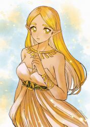 Rule 34 | 1girl, bare shoulders, belt, blonde hair, dress, hand up, highres, jewelry, long hair, looking at viewer, mouyi, necklace, nintendo, parted bangs, pointy ears, princess, princess zelda, solo, strapless, strapless dress, the legend of zelda, the legend of zelda: breath of the wild, white dress