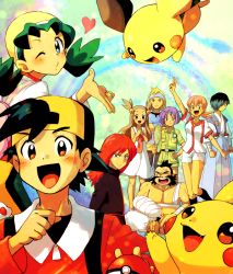 Rule 34 | 1990s (style), 4girls, 6+boys, arm sling, black (pokemon golden boys), blue eyes, brown eyes, brown hair, bugsy (pokemon), chuck (pokemon), creatures (company), ethan (pokemon), falkner (pokemon), game freak, gen 1 pokemon, gen 2 pokemon, green hair, gym leader, hayato, headband, holding, holding poke ball, jasmine (pokemon), kris (pokemon), morty (pokemon), multiple boys, multiple girls, nintendo, one eye closed, pichu, pikachu, pink hair, poke ball, poke ball (basic), pokemon, pokemon (creature), pokemon golden boys, purple hair, red hair, retro artstyle, silver (pokemon), v, waist poke ball, whitney (pokemon), wink