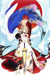 Rule 34 | 1boy, 1girl, alternate costume, artoria pendragon (all), artoria pendragon (fate), blonde hair, braid, cape, cloud, color connection, crossover, dress, elbow gloves, emiya shirou, excalibur (fate/stay night), fate/grand order, fate/stay night, fate (series), flower, french braid, gloves, green eyes, hair flower, hair ornament, high heels, highres, igote, limited/zero over, orange hair, otama (atama ohanabatake), patterned clothing, red sun, saber (fate), white dress, white footwear, white gloves, yellow eyes