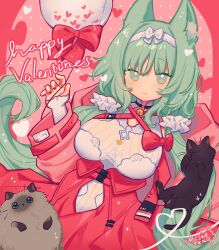 Rule 34 | 1girl, animal, animal ear fluff, animal ears, arknights, balloon, black cat, bow, breasts, cat, closed mouth, commentary, dress, english commentary, green eyes, green hair, hair between eyes, hand up, happy valentine, harmonie (arknights), harmonie (decoration) (arknights), highres, jacket, large breasts, long hair, long sleeves, looking at viewer, pink background, pink jacket, polka dot, polka dot background, puffy long sleeves, puffy sleeves, red background, red bow, red dress, shirt, signature, solo, tea (yxmetea), two-tone background, very long hair, white shirt
