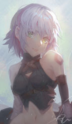 Rule 34 | 1girl, black vest, breasts, closed mouth, commentary request, elbow gloves, fate/apocrypha, fate (series), gloves, green eyes, jack the ripper (fate/apocrypha), kuroduki (pieat), looking at viewer, navel, purple hair, scar, scar across eye, scar on face, short sleeves, signature, small breasts, smile, solo, upper body, vest