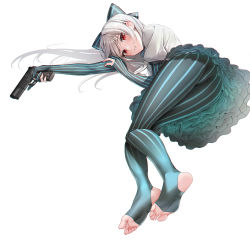 Rule 34 | 1girl, ass, blush, bow, dress, feet, frilled dress, frills, girls&#039; frontline, gloves, gun, hair bow, handgun, highres, holding, holding gun, holding weapon, hyury, long hair, looking at viewer, lying, on side, pantyhose, partially fingerless gloves, pinstripe pattern, puffy short sleeves, puffy sleeves, red eyes, short sleeves, silver hair, simple background, solo, stirrup legwear, striped clothes, striped pantyhose, toeless legwear, toes, tokarev (girls&#039; frontline), tokarev tt-33, vertical-striped clothes, vertical-striped pantyhose, weapon, white background, white dress