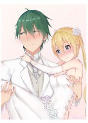 Rule 34 | 1boy, 1girl, akizuki kouyou, bare shoulders, blazer, blend s, blonde hair, blue eyes, breasts, bride, carrying, choker, cleavage, closed mouth, couple, covered navel, dress, elbow pads, english text, flower, grabbing, grabbing another&#039;s breast, green eyes, green hair, hair flower, hair ornament, half-closed eyes, hetero, highres, hinata kaho, jacket, jewelry, looking away, medium breasts, necktie, nervous, nervous smile, ring, sherryqq, shy, smile, sparkle, tuxedo, twintails, wavy mouth, wedding, wedding dress, white dress, white flower
