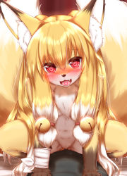 Rule 34 | 1boy, 1girl, :3, :d, animal ears, arm support, bell, blonde hair, blush, fang, fox ears, fox girl, fox tail, furry, furry female, hair bell, hair ornament, heart, hetero, highres, horokusa (korai), jingle bell, looking at viewer, multicolored hair, multiple tails, navel, nude, open mouth, original, pov, red eyes, smile, squatting, tail, white hair