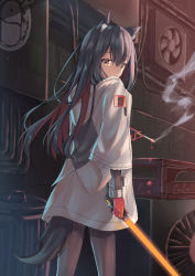 Rule 34 | 1girl, absurdres, animal ear fluff, animal ears, arknights, black hair, black pantyhose, brown eyes, cigarette, commentary request, cowboy shot, gloves, hair between eyes, highres, holding, holding cigarette, holding sword, holding weapon, jacket, kugatsu tooka, long hair, long sleeves, looking at viewer, multicolored hair, official alternate costume, pantyhose, red gloves, red hair, smoke, solo, standing, sword, tail, texas (arknights), texas (winter messenger) (arknights), weapon, white jacket, wide sleeves, wolf ears, wolf tail