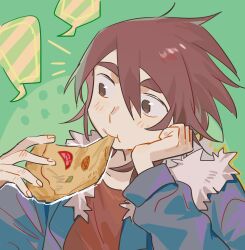 Rule 34 | 1boy, blank speech bubble, brown eyes, brown hair, chinese commentary, commentary request, eating, food, fur-trimmed jacket, fur trim, gierigsnow, green background, hair between eyes, hand on own cheek, hand on own face, highres, holding, holding food, holding pizza, isoi reiji, jacket, long sleeves, male focus, open clothes, open jacket, pizza, pizza slice, red shirt, saibou shinkyoku, shirt, short hair, solo, speech bubble