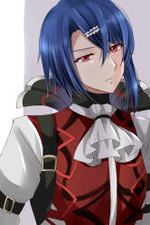 Rule 34 | 1boy, alcryst (fire emblem), ascot, blue hair, buckle, closed mouth, fire emblem, fire emblem engage, hair between eyes, hair ornament, hairclip, highres, kirishima riona, looking at viewer, male focus, nintendo, red eyes, shirt, short hair, solo, upper body, white ascot