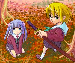 2girls :d aqua_neckerchief archived_source blonde_hair blue_eyes blue_hair closed_mouth green_eyes hair_ribbon holding holding_sword holding_weapon iska jaggy_lines katana legs_apart light_blue_hair long_hair long_sleeves miniskirt multiple_girls neckerchief open_mouth original pink_ribbon pleated_skirt purple_footwear purple_skirt red_shirt ribbon sailor_collar school_uniform serafuku shirt shoes short_hair skirt smile socks standing sword tree weapon white_sailor_collar white_socks