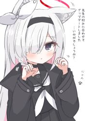 Rule 34 | 1girl, :o, animal ear fluff, animal ears, black choker, black coat, black eyes, black hairband, black sailor collar, black shirt, blue archive, blush, braid, cat ears, choker, coat, colored inner hair, commentary, hachikari (hachi karintou), hair over one eye, hairband, halo, highres, kemonomimi mode, long hair, long sleeves, looking at viewer, motion lines, multicolored hair, neckerchief, parted lips, paw pose, paw print, pink hair, plana (blue archive), red halo, red pupils, ribbon, sailor collar, school uniform, shirt, simple background, single braid, solo, translated, upper body, white background, white hair, white neckerchief, white ribbon