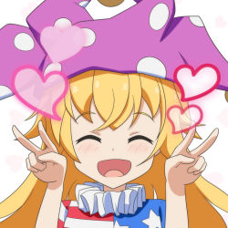 Rule 34 | 1girl, :d, ^ ^, american flag dress, blonde hair, blush, cato (monocatienus), clownpiece, double v, closed eyes, facing viewer, hat, heart, jester cap, open mouth, pun, smile, solo, touhou, v