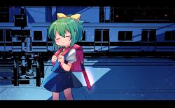 Rule 34 | 1girl, arrow (symbol), ascot, backpack, bag, blouse, blue dress, blush, bow, closed eyes, closed mouth, commentary request, cookie (touhou), cowboy shot, daiyousei, diyusi (cookie), dress, green hair, hair between eyes, hair bow, highres, letterboxed, looking at viewer, medium hair, pinafore dress, ponytail, puffy short sleeves, puffy sleeves, shirt, short sleeves, sleeveless, sleeveless dress, solo, standing, touhou, traffic baton, train, white shirt, xox xxxxxx, yellow ascot, yellow bow