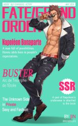 Rule 34 | 1boy, abs, alternate costume, bara, beard, blue eyes, boots, brown hair, character name, english text, facial hair, fate/grand order, fate (series), glasses, jacket, jewelry, jin (sirius-j), large pectorals, long sideburns, long sleeves, looking at viewer, male focus, muscular, napoleon bonaparte (fate), necklace, open clothes, pants, pectorals, scar, sideburns, simple background, smile, solo