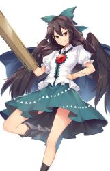 Rule 34 | &gt;:), 1girl, arm cannon, bird wings, black hair, black wings, bow, cape, closed mouth, collared shirt, cowboy shot, green skirt, hair bow, hand on own hip, highres, long hair, looking at viewer, oborofu, puffy short sleeves, puffy sleeves, red eyes, reiuji utsuho, shirt, short sleeves, skirt, smile, solo, third eye, touhou, v-shaped eyebrows, weapon, white shirt, wings