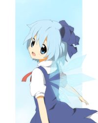 Rule 34 | 1girl, bad id, bad pixiv id, blue eyes, blue hair, bow, cirno, dress, embodiment of scarlet devil, hair bow, ice, kurot, looking back, matching hair/eyes, open mouth, solo, touhou, wings