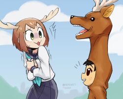 1boy 1girl antlers aqua_neckerchief black_hair blue_sailor_collar brown_hair crossover deer deer_antlers deer_costume deer_girl dotto!_koni-chan high_(koni-chan!) highres horns long_sleeves meme neckerchief pepeart7 sailor_collar scene_reference school_uniform serafuku shikanoko_noko shikanoko_nokonoko_koshitantan shirt short_hair skirt smile white_shirt