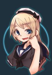Rule 34 | 1girl, :d, black neckerchief, blonde hair, blue eyes, blue sailor collar, commentary request, glowing, hat, head rest, highres, iron man, jervis (kancolle), kantai collection, long hair, looking at viewer, neckerchief, open mouth, parody, puffy short sleeves, puffy sleeves, sailor collar, short sleeves, simple background, smile, solo, symbol in eye, teeth, text in eyes, upper body, zhui
