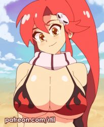 Rule 34 | 1girl, animated, animated gif, artist name, bikini, bikini top only, bouncing breasts, breasts, brown eyes, fingerless gloves, flame print, gloves, hair ornament, large breasts, looking at viewer, looping animation, patreon username, ponytail, red hair, rtil, scarf, smile, solo, studded gloves, swimsuit, tengen toppa gurren lagann, upper body, yoko littner