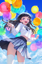 Rule 34 | 1girl, absurdres, artist name, balloon, black hair, blouse, blue eyes, bow, bowtie, cloud, collared shirt, cowboy shot, floating hair, heartki, highres, holding, holding balloon, long hair, multicolored eyes, open mouth, original, pleated skirt, sailor collar, shirt, skirt, sky, smile, solo, standing, thighhighs, white shirt, white thighhighs