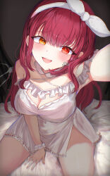 1girl absurdres bare_shoulders bed blush breasts cleavage dress earrings heterochromia highres hololive houshou_marine houshou_marine_(8th_costume) jewelry large_breasts long_hair looking_at_viewer nightgown official_alternate_costume open_mouth pajamas red_eyes red_hair sakurada_327 smile solo virtual_youtuber white_dress white_nightgown yellow_eyes