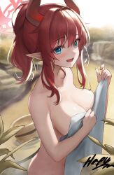 Rule 34 | 1girl, blue archive, blush, breasts, brown hair, bucket, cleavage, collarbone, covering privates, curled horns, hair intakes, halo, hapu (nfdt7773), highres, holding, holding towel, horns, looking at viewer, medium breasts, megu (blue archive), nude cover, onsen, outdoors, pointy ears, sidelocks, signature, smile, solo, towel, white towel, wooden bucket