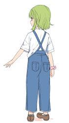 Rule 34 | 1girl, ankle socks, blush, brown footwear, closed mouth, colored shadow, from behind, full body, green eyes, green hair, loafers, looking away, meito (maze), morinaka kazaki, nijisanji, overalls, pink scrunchie, profile, scrunchie, shadow, shirt, shoes, short sleeves, simple background, smile, socks, solo, standing, virtual youtuber, white background, white shirt, white socks, wrist scrunchie