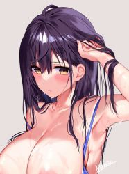 Rule 34 | 1girl, arm up, armpits, bikini, blush, breasts, brown eyes, cleavage, closed mouth, collarbone, grey background, hair between eyes, highres, large breasts, long hair, looking at viewer, mataro (matarou), original, purple bikini, purple hair, signature, simple background, solo, swimsuit, wet, wet hair