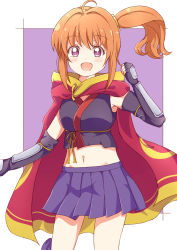 Rule 34 | 10s, 1girl, bad id, bad pixiv id, black gloves, cape, cowboy shot, crop top, elbow gloves, fingerless gloves, gauntlets, gloves, highres, long hair, looking at viewer, midriff, miniskirt, navel, official style, orange hair, pleated skirt, purple eyes, purple skirt, red cape, release the spyce, rikopin, side ponytail, skirt, solo, yachiyo mei