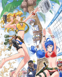 Rule 34 | 2girls, 3boys, ^^^, adapted costume, against tree, alternate costume, antenna hair, armpits, arms up, bandolier, barefoot, battle mania, bdsm, beach, beach volleyball, belt, belt skirt, beret, bikini, black hair, blonde hair, blue eyes, blue hair, blush, blush stickers, bondage, bound, bound legs, bracelet, breasts, camera, car, cartridge, cleavage, cloud, coconut, coconut tree, crossover, crystal (trouble shooter), dated, day, donald morden, explosive, eyepatch, facial hair, floating hair, flying sweatdrops, formal, gag, game console, green eyes, grenade, grin, gun, hair intakes, hairband, hammer, handgun, haneda maria, hat, highres, holding, holster, improvised gag, isedaichi ken, jewelry, jumping, knife, koutaishi denka, large breasts, legs, long hair, looking at viewer, low-tied long hair, madison (trouble shooter), mario, mario (series), motor vehicle, multicolored hair, multiple boys, multiple girls, mustache, navel, nintendo, ootorii mania, outdoors, outline, overalls, palm tree, raised eyebrows, rope, sand, sega, shaded face, sheath, sheathed, short hair, signature, sky, smile, sparkle, spiked bracelet, spikes, suit, super famicom, super mario bros. 1, sweatdrop, swimsuit, taisa (battle mania), tape, tape gag, thigh holster, thigh strap, tree, turban, turtleneck, two-tone hair, underboob, vehicle, vic tokai, volleyball net, watch, weapon, wristwatch