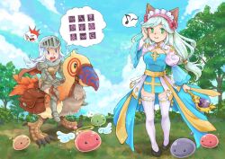 Rule 34 | 2girls, angel wings, angeling, animal, animal ears, arch bishop (ragnarok online), armor, armored boots, belt, bird, black footwear, blue dress, blue hair, blue sky, blunt bangs, blush, boots, bow, breastplate, breasts, brown belt, cat ears, cleavage cutout, closed mouth, clothing cutout, commentary request, cross, day, dress, drops (ragnarok online), frilled hairband, frilled thighhighs, frills, full body, gauntlets, green eyes, green hair, hair bow, hairband, halo, holding, holding staff, juliet sleeves, knight (ragnarok online), long hair, long sleeves, looking at viewer, low-tied long hair, marin (ragnarok online), medium breasts, multiple girls, musical note, open mouth, outdoors, oversized animal, pauldrons, peco peco, pelvic curtain, pii mii, pink hairband, poring, puffy sleeves, ragnarok online, red bow, reins, riding, riding bird, sash, shoes, shoulder armor, sky, small breasts, smile, sparkle, spoken musical note, staff, swept bangs, thighhighs, tree, two-tone dress, visor (armor), white dress, white thighhighs, wings, yellow sash