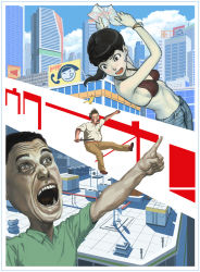 Rule 34 | 1girl, 2boys, banana, baton, baton (weapon), bikini, bikini top only, black hair, bracelet, city, cityscape, day, denim, earrings, faith connors, food, fruit, jeans, jewelry, map, mirror&#039;s edge, mirror&#039;s edge (series), multiple boys, nababa, open mouth, pants, pointing, ponytail, rooftop, swimsuit, tonfa, tripping, weapon, what