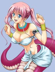 Rule 34 | 1girl, aoki kanji, armlet, bandeau, bandeau bikini, blue eyes, bracelet, breasts, cleavage, earrings, fangs, female focus, jewelry, lamia, large breasts, midriff, monster girl, pink hair, pretty lamia, simple background, smile, solo, strapless, tube top, twintails